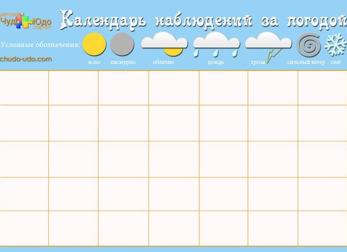 Календарь погоды для школьника (наблюдение за погодой)